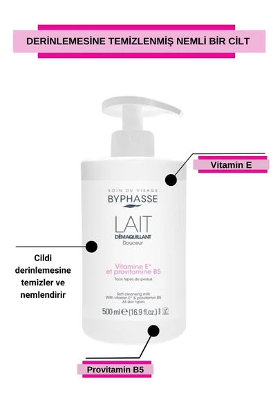 BYPHASSE Yüz ve Makyaj Temizleme Sütü Tüm Cilt Tipleri 500ml (Pompalı) - 4