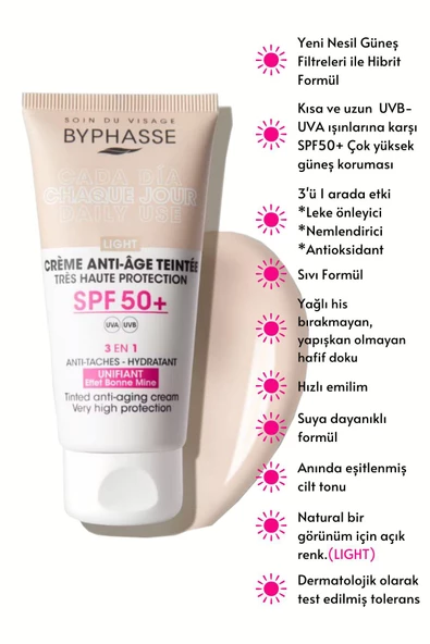 BYPHASSE Anti-aging Renkli Sıvı Güneş Kremi Light Renk- Yeni Nesil Güneş Filtreli Hibrit Formül 50ml - 4