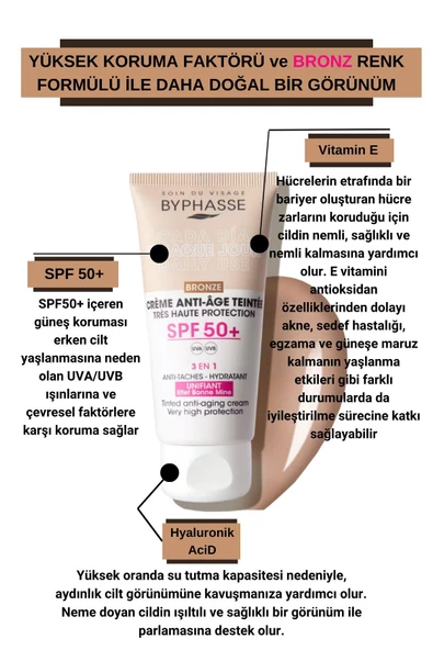BYPHASSE Anti-Aging Renkli Sıvı Güneş Kremi Bronz Renk- Yeni Nesil Güneş Filtreli Hibrit Formül 50ml - 6