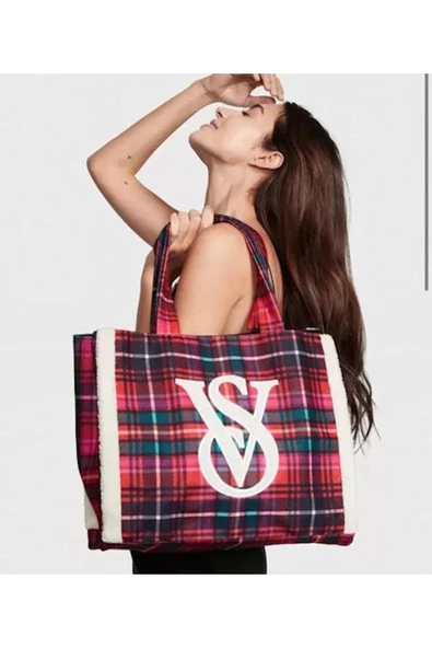 Victoria's Secret Kenarları Polarlı Ekoseli Tote Çanta - 4