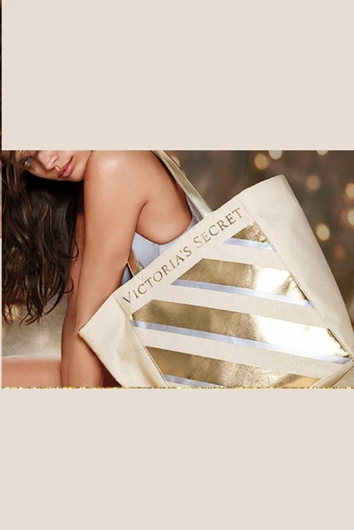 Victoria's Secret VS Krem Gold Çizgi Desenli Kanvas Tote Omuz Çantası - 6