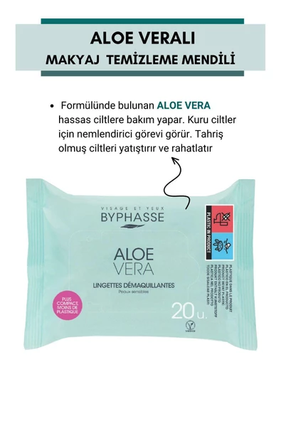 BYPHASSE Aloe Veralı Makyaj Temizleme Mendili Hassas Ciltler 20 adet - 5