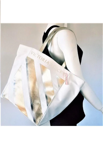 Victoria's Secret VS Krem Gold Çizgi Desenli Kanvas Tote Omuz Çantası - 4