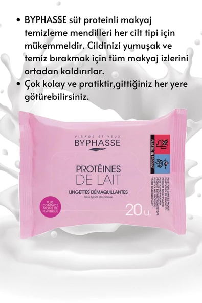 BYPHASSE Süt Proteinli Makyaj Temizleme Mendili Tüm Ciltler 20 adet - 2