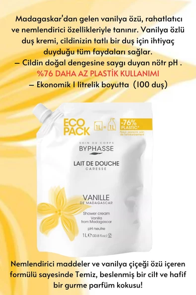BYPHASSE Caresse Vanilya Çiçeği Özlü Kremli Duş Jeli Ekonomik Yeniden Dolum Paketi 1000ml - 2