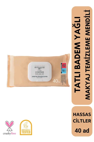 BYPHASSE Tatlı Badem Yağlı Makyaj Temizleme Mendili Hassas Ciltler 40 adet