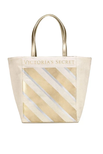 Victoria's Secret VS Krem Gold Çizgi Desenli Kanvas Tote Omuz Çantası