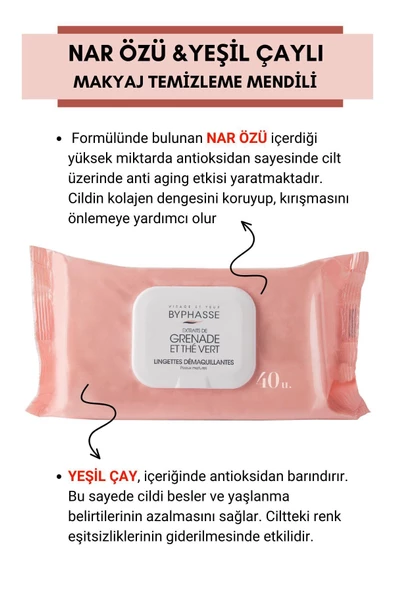 BYPHASSE Nar ve Yeşil Çay Özlü Makyaj Temizleme Mendili Olgun Ciltler 40 adet - 5
