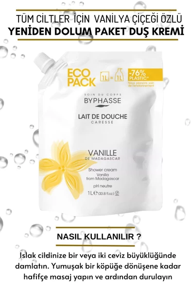 BYPHASSE Caresse Vanilya Çiçeği Özlü Kremli Duş Jeli Ekonomik Yeniden Dolum Paketi 1000ml - 3
