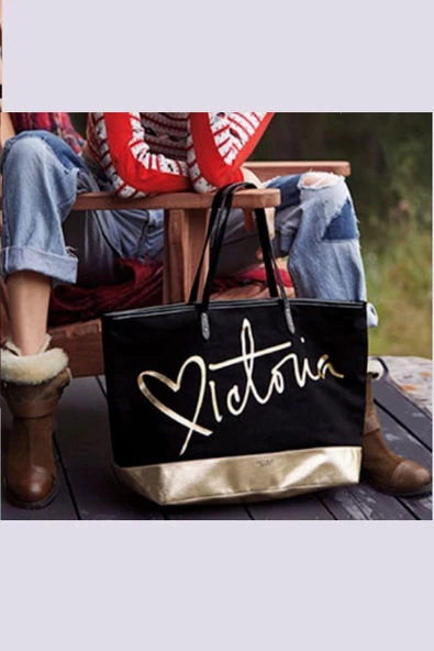 Victoria's Secret VS Siyah Gold Kanvas Tote Seyahat Çantası - 5