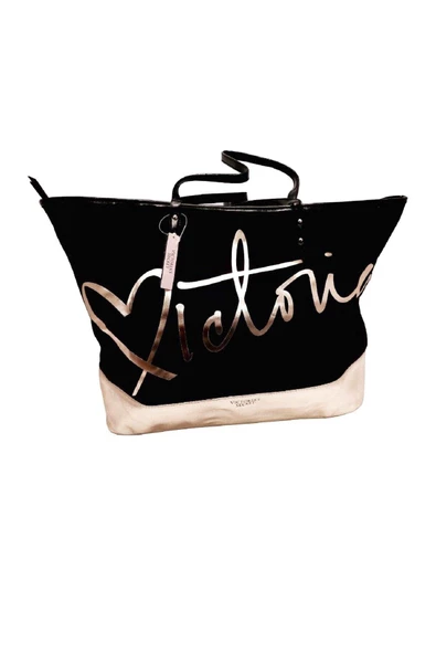 Victoria's Secret VS Siyah Gold Kanvas Tote Seyahat Çantası - 2