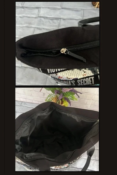 Victoria's Secret Vs Gümüş Pullu Payet İşlemeli Carryall Tote & Mini Clutch Set - 8