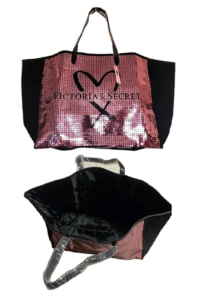 Victoria's Secret VS Payet İşlemeli Pembe Pullu Kalp Logolu Kanvas Çanta - 6