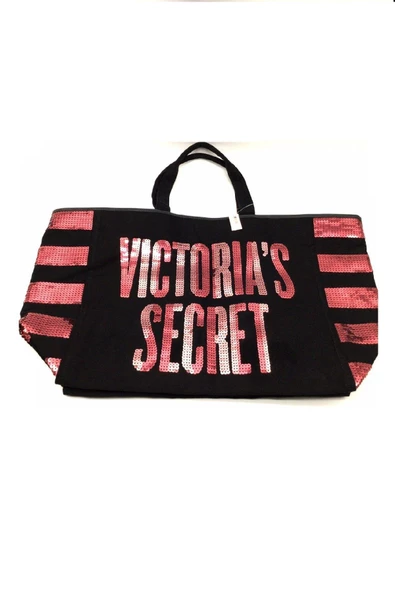 Victoria's Secret VS Pembe Pullu Payet İşlemeli Kadın Büyük Boy Çıt Çıt Kapamalı Plaj Çantası - 6