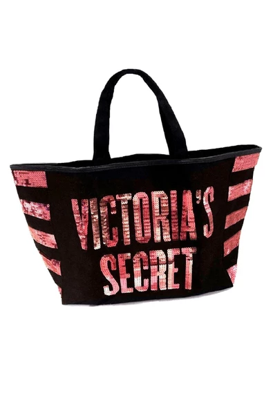 Victoria's Secret VS Pembe Pullu Payet İşlemeli Kadın Büyük Boy Çıt Çıt Kapamalı Plaj Çantası - 2