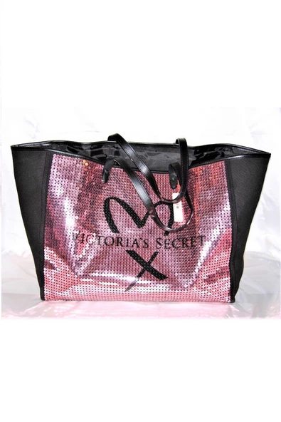 Victoria's Secret VS Payet İşlemeli Pembe Pullu Kalp Logolu Kanvas Çanta - 2