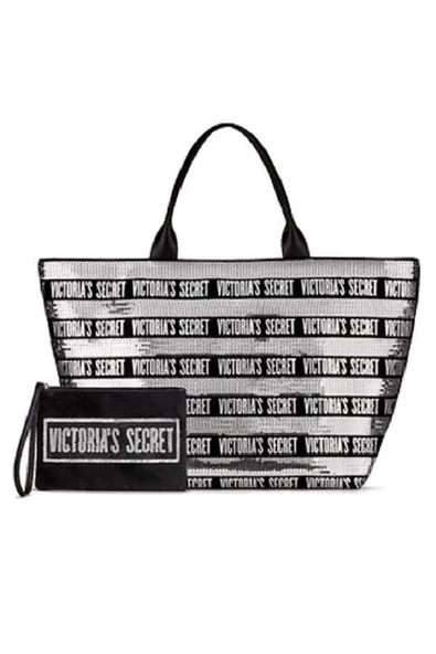 Victoria's Secret Vs Gümüş Pullu Payet İşlemeli Carryall Tote & Mini Clutch Set