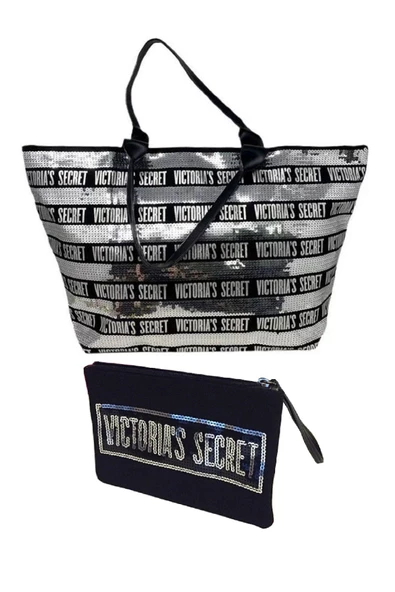 Victoria's Secret Vs Gümüş Pullu Payet İşlemeli Carryall Tote & Mini Clutch Set - 7