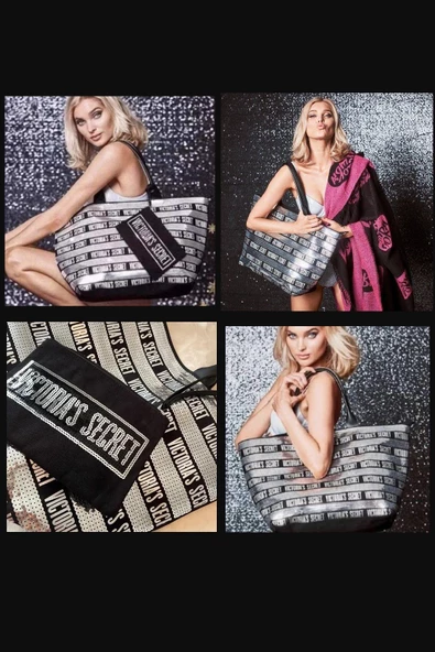 Victoria's Secret Vs Gümüş Pullu Payet İşlemeli Carryall Tote & Mini Clutch Set - 5