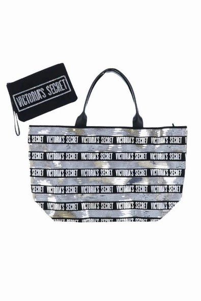 Victoria's Secret Vs Gümüş Pullu Payet İşlemeli Carryall Tote & Mini Clutch Set - 4