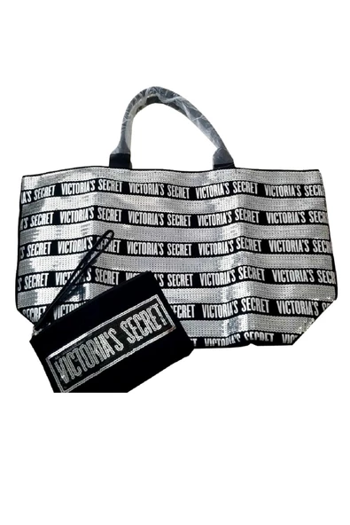 Victoria's Secret Vs Gümüş Pullu Payet İşlemeli Carryall Tote & Mini Clutch Set - 2