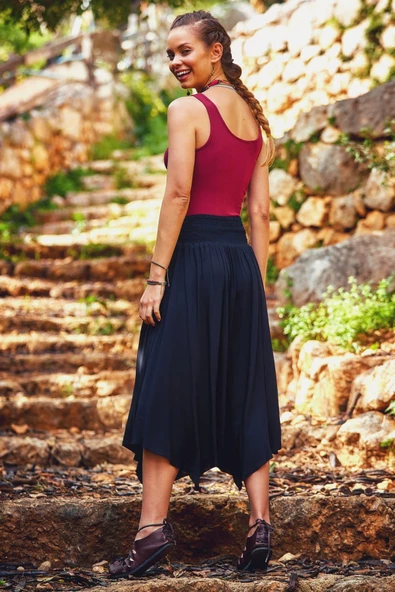 Beli Bağlamalı Salaş Midi Kloş Etek - Resim 4