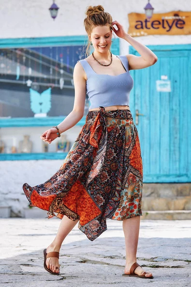 Beli Bağlamalı Salaş Midi Kloş Etek - Resim 3