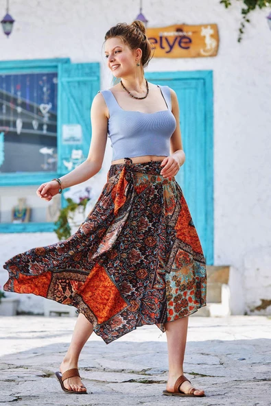 Beli Bağlamalı Salaş Midi Kloş Etek - Resim 2