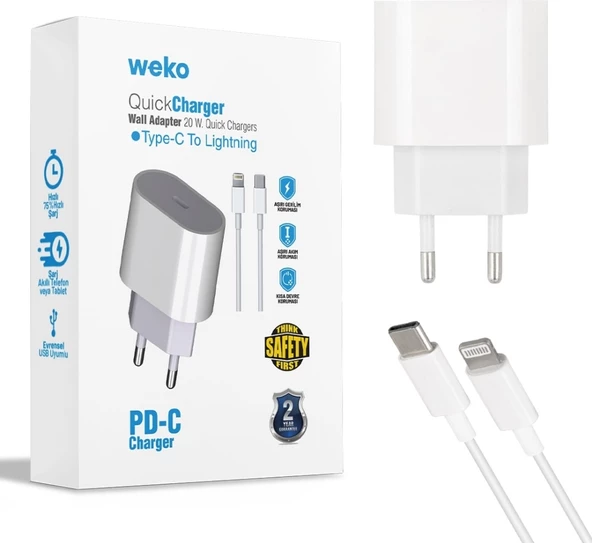 WK-21443 Pd-C 20 Watt Type-C Şarj Başlık Adaptörü + Type-C To Lıghtnıng Kablo (No:9) (2818)