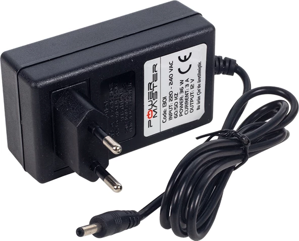 Powermaster Vera Yazar Kasa Pos Plastik Kasa Adaptör 12 Volt 3 Amper  3.5 1.35 Uç Powermaster PM-1301