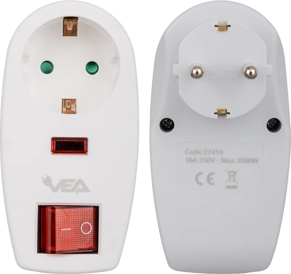 Lemra Vea VE-22419 16 Amper - 3500 Watt LED Göstergeli Anahtarlı Tekli Akım Korumalı Priz - 2