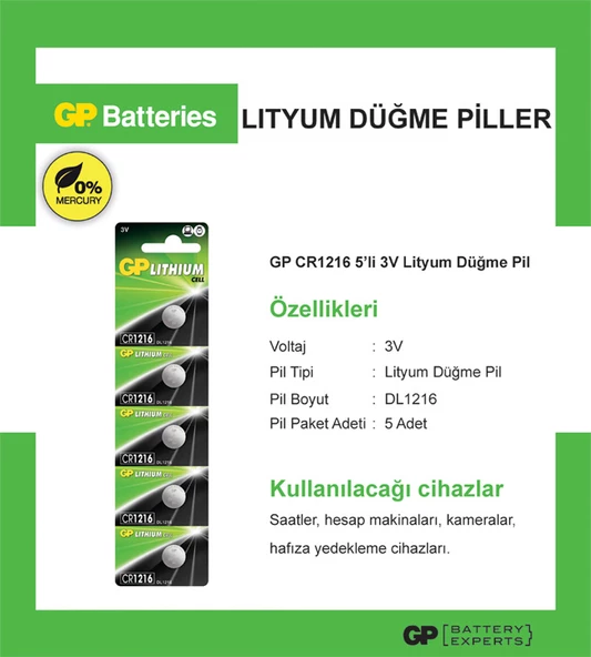 GP 5'li CR1216 3V Lityum Düğme Pil (GPCR1216-C5) - 3