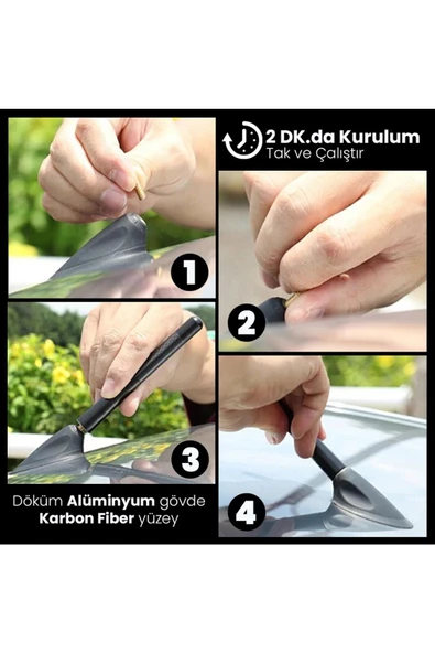 Araç Anteni Kısa Spor Anten Karbon-Alüminyum Anten Çubuğu Siyah Yüksek Çekim Gücü Tüm Araçlara Uyuml - 3
