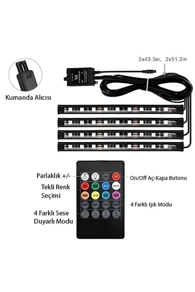 ARAÇ İÇİ KUMANDALI PARTİ IŞIĞI AYAK ALTI AYDINLATMA 12 LED AUTO ÇAKMAKLIK GİRİŞLİ RGB SESE DUYARLI - 7