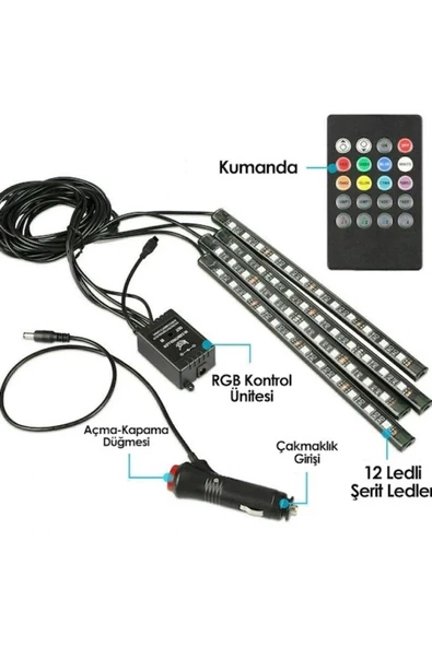 4 Parçalı Uzaktan Kumandalı Ayak Altı Aydınlatma 12 Led Çok Renkli Müzikli Araba Ledi - 3
