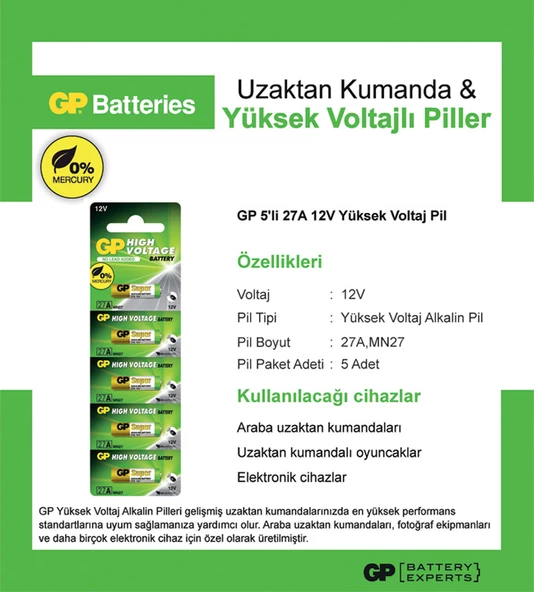 Gp 27A-C5 12V Alkalin 5Li Kartela - 3