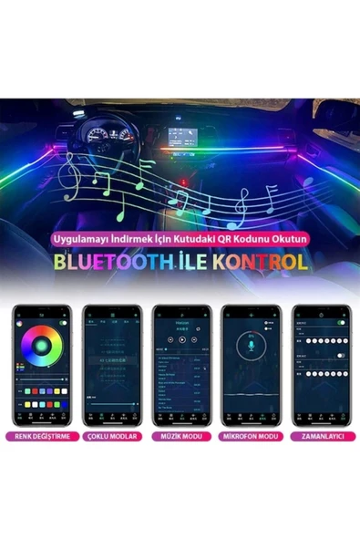 ARAÇ İÇİ ATMOSFER AYDINLATMA AMBİYANS SESE DUYARLI RGB LED NEON APP KONTROLLÜ AYAK ALTI 18 PARÇA - 2