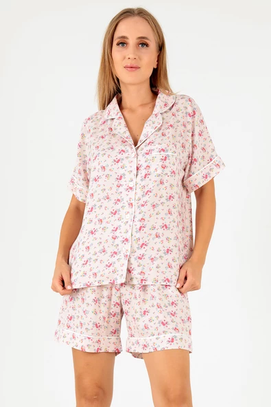 DoReMi Pink Floral Kısa Kollu Kadın Şortlu Pijama Takım - 5