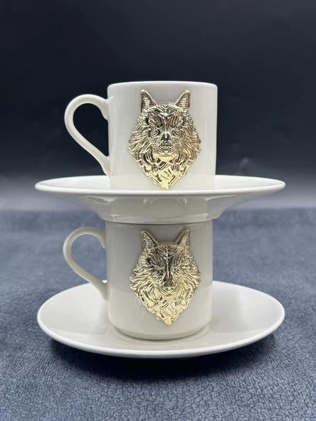 Metal Altın Renk Bozkurt İşlemeli İkili Fincan Seti - 4