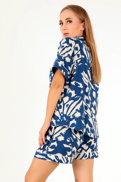 DoReMi Blue Patterned Kısa Kollu Kadın Şortlu Pijama Takım - 4