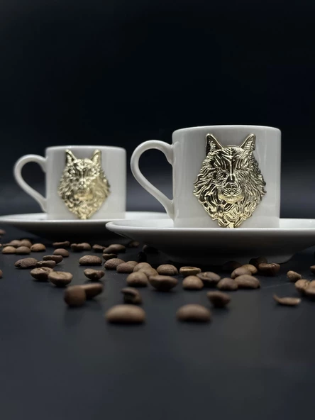 Metal Altın Renk Bozkurt İşlemeli İkili Fincan Seti - 2