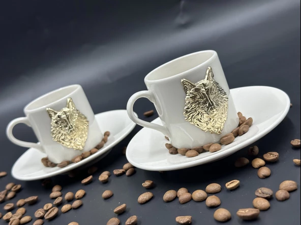 Metal Altın Renk Bozkurt İşlemeli İkili Fincan Seti - 3