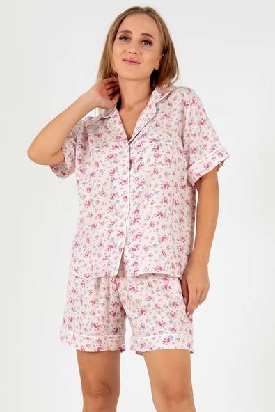 DoReMi Pink Floral Kısa Kollu Kadın Şortlu Pijama Takım - 7
