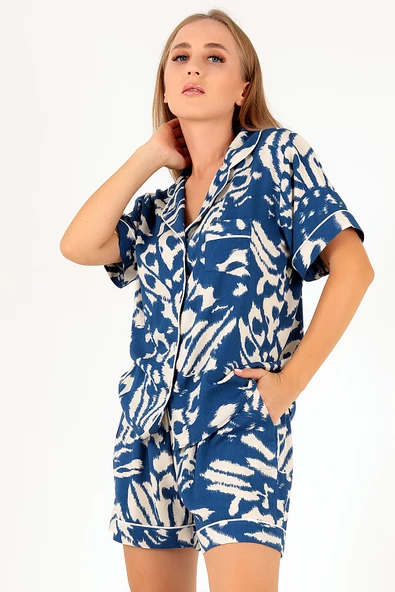 DoReMi Blue Patterned Kısa Kollu Kadın Şortlu Pijama Takım - 8