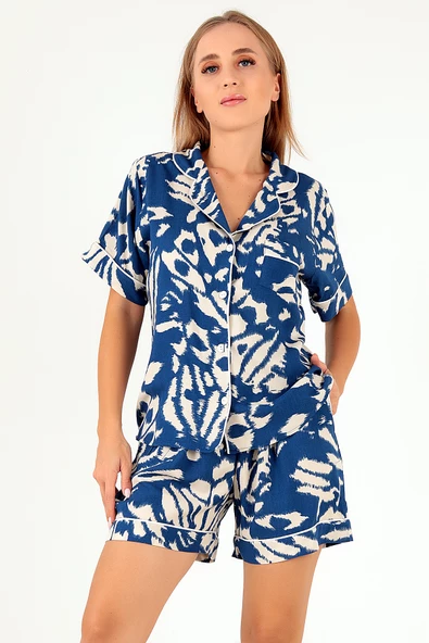 DoReMi Blue Patterned Kısa Kollu Kadın Şortlu Pijama Takım - 6