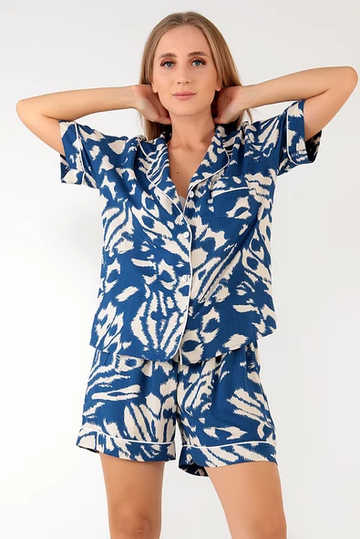 DoReMi Blue Patterned Kısa Kollu Kadın Şortlu Pijama Takım - 5