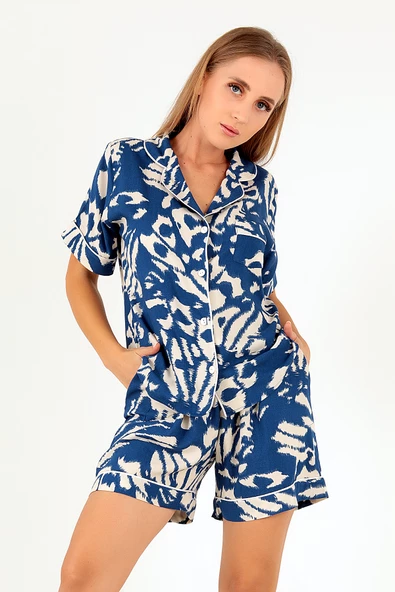 DoReMi Blue Patterned Kısa Kollu Kadın Şortlu Pijama Takım
