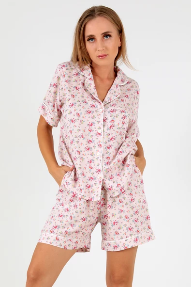 DoReMi Pink Floral Kısa Kollu Kadın Şortlu Pijama Takım - 8