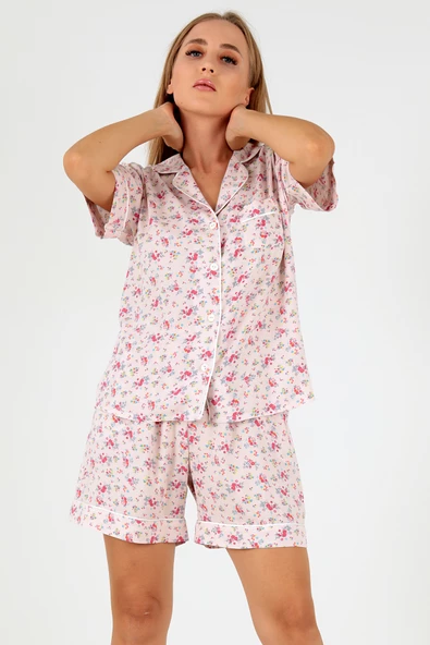DoReMi Pink Floral Kısa Kollu Kadın Şortlu Pijama Takım - 6