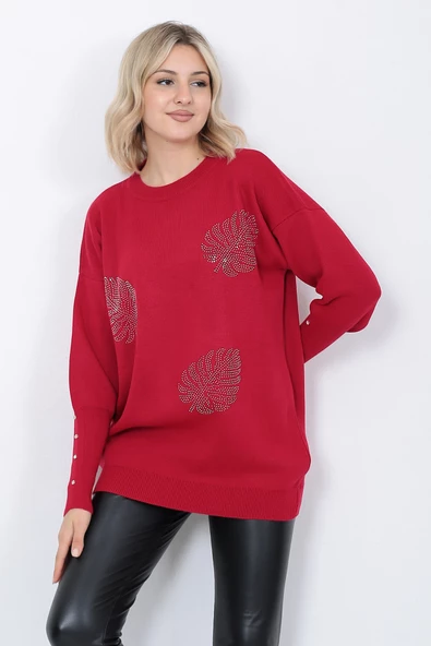 Kadın Triko Kazak Bisiklet Yaka Yaprak Desenli Kolu Taşlı Oversize Kırmızı - Resim 11